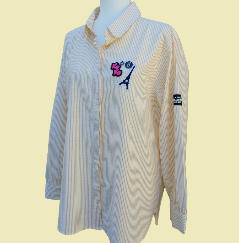 Karl Lagerfeld Paris Cotton Striped Yellow Button-Up Shirt with Applique Large